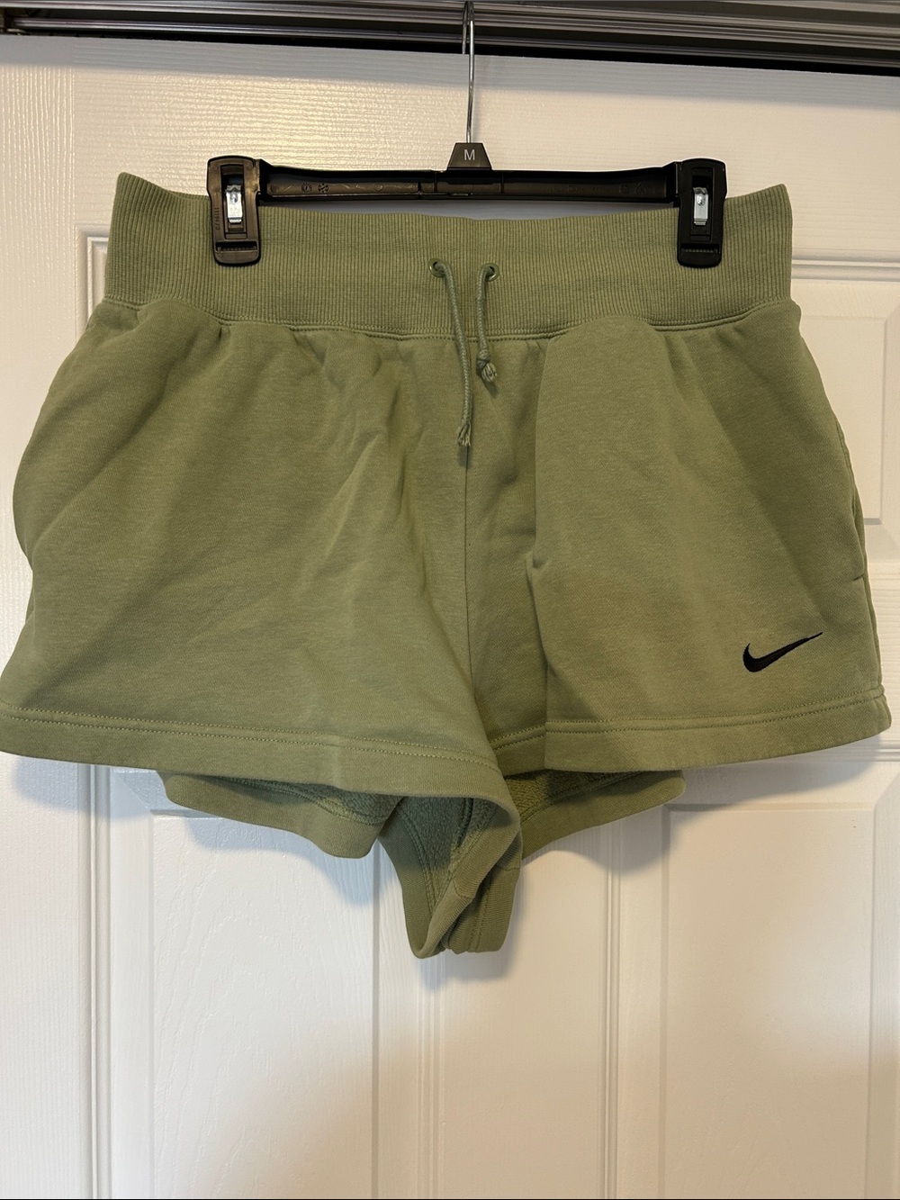 Nike Olive Green Athletic Drawstring Shorts with Black Swoosh